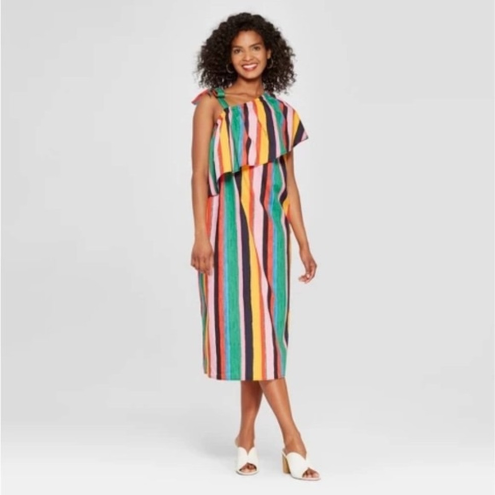 NWT Who What Wear Rainbow Striped One Shoulder Dress Size S